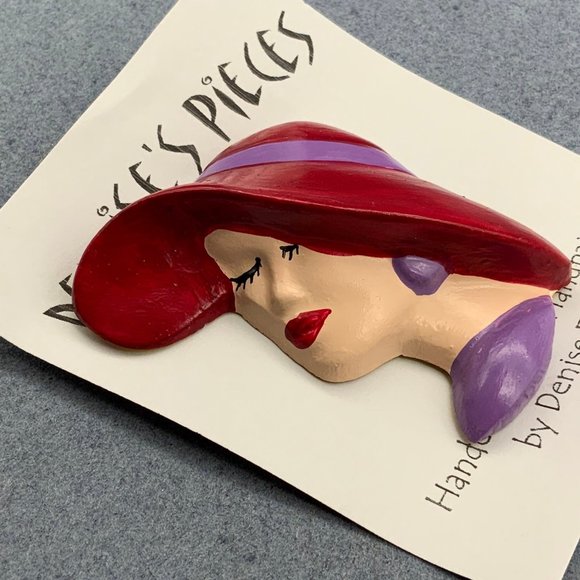 Red Hat Society Pin Brooch Plaster Red Purple Ribbon Lady Handmade Hand Painted - Picture 2 of 3